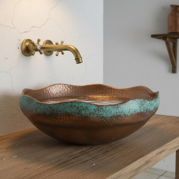 Scalloped Edge Hammered Copper Sink with Patina Band