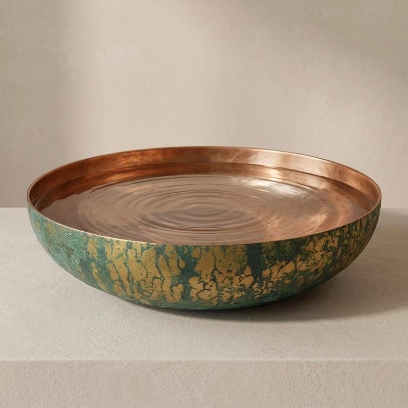 Shallow Hammered Copper Basin with Mottled Patina