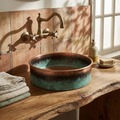 Rustic Hammered Copper Vessel Sink with Verdigris Patina Base